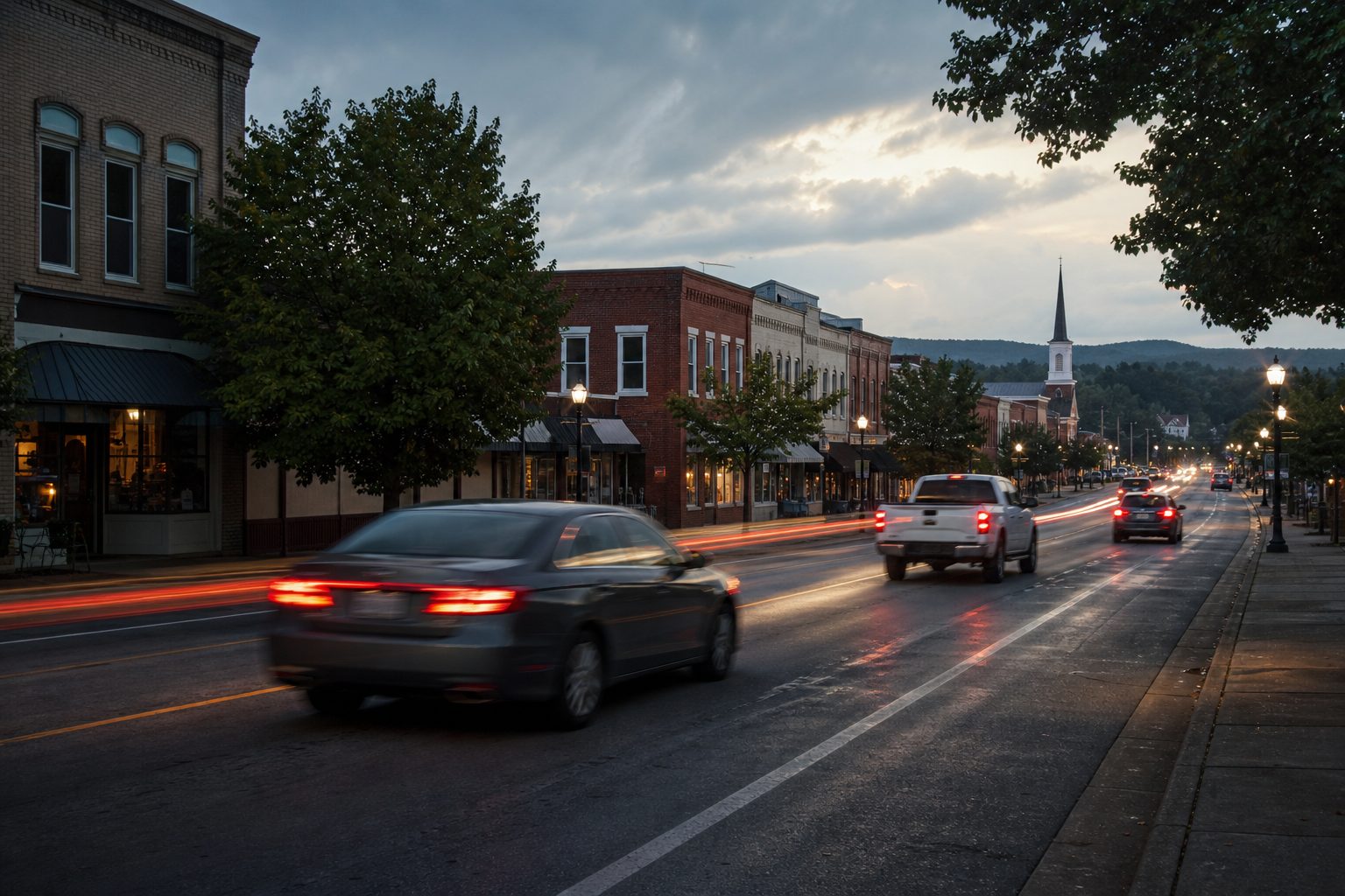 Ordinary cars along a small-town street near a church, with light trails suggesting tracked daily routes