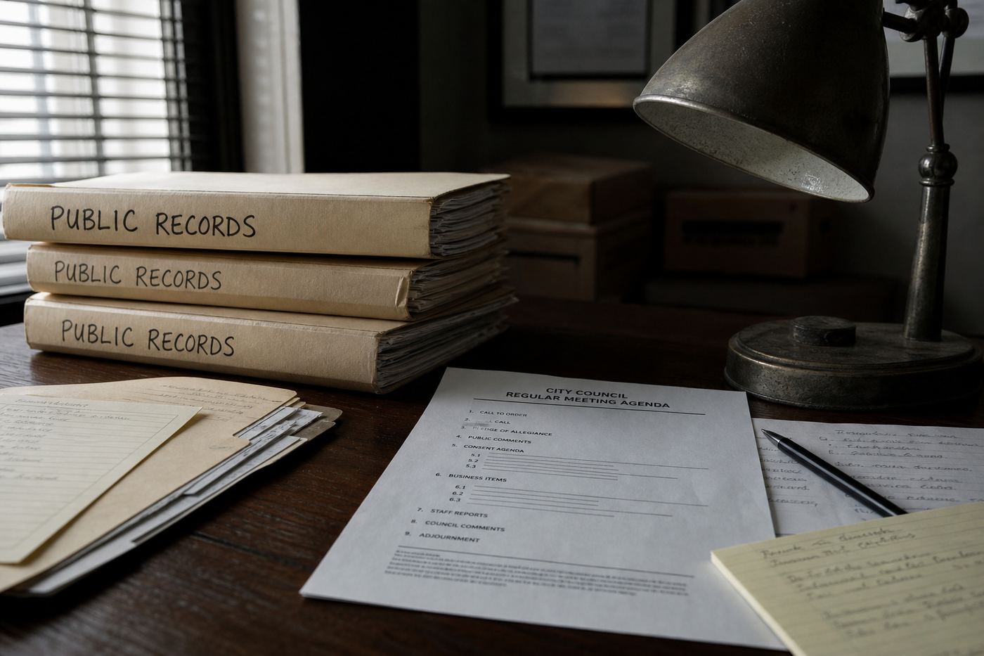 Public records folders and municipal papers on a desk under a desk lamp