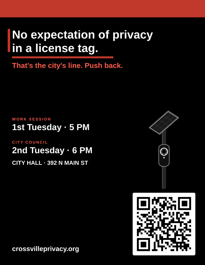 Black letter flyer: No expectation of privacy in a license tag, with a camera on a pole, work session and City Council times, and a QR code to CrossvillePrivacy.org