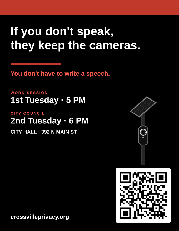 Black letter flyer: If you don't speak, they keep the cameras, with a camera on a pole, work session and City Council times, and a QR code to CrossvillePrivacy.org