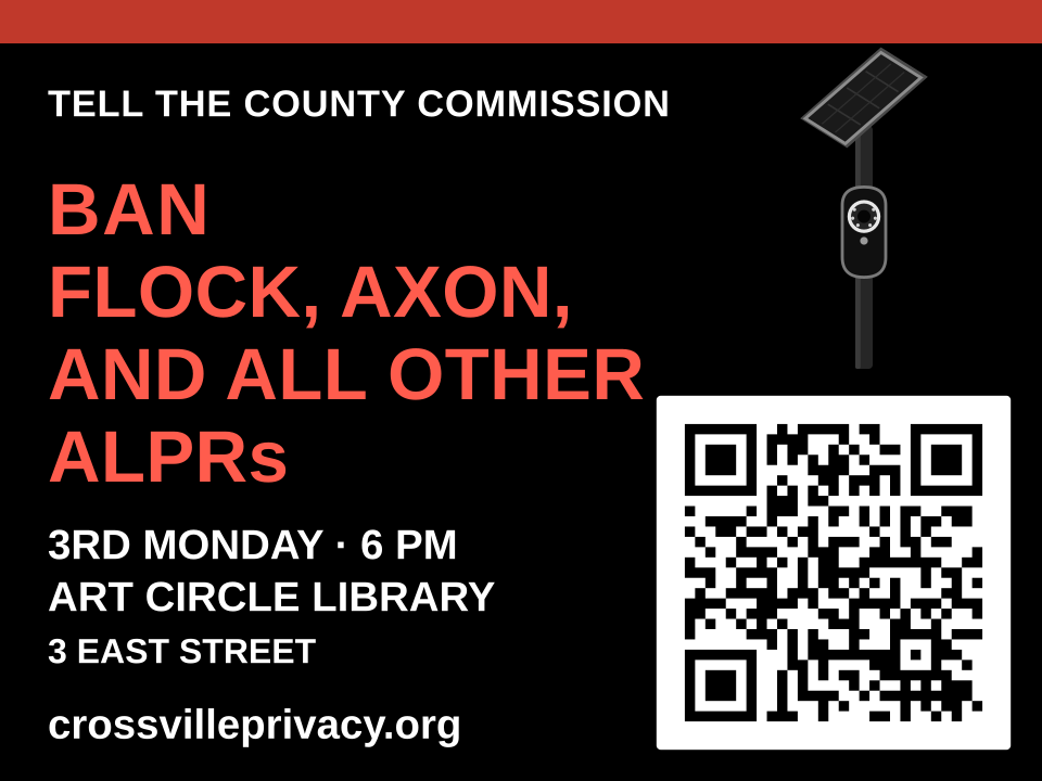 Black yard sign with red Ban Flock, Axon, and all other ALPRs type, Tell the County Commission, a camera on a pole, Art Circle Public Library and 3 East Street, and a large QR code to CrossvillePrivacy.org